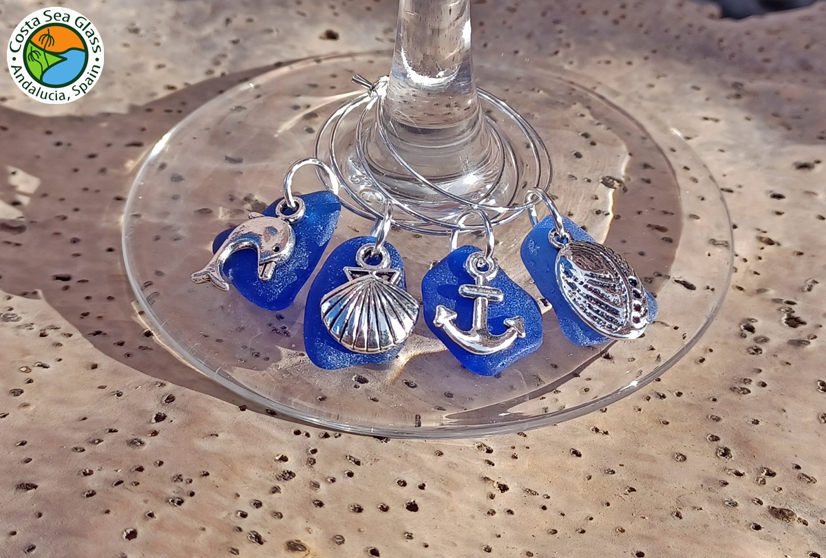 4 blue sea glass wine glass charms
