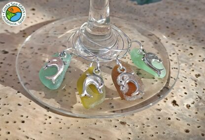 Sea glass wine glass charms with dolphins